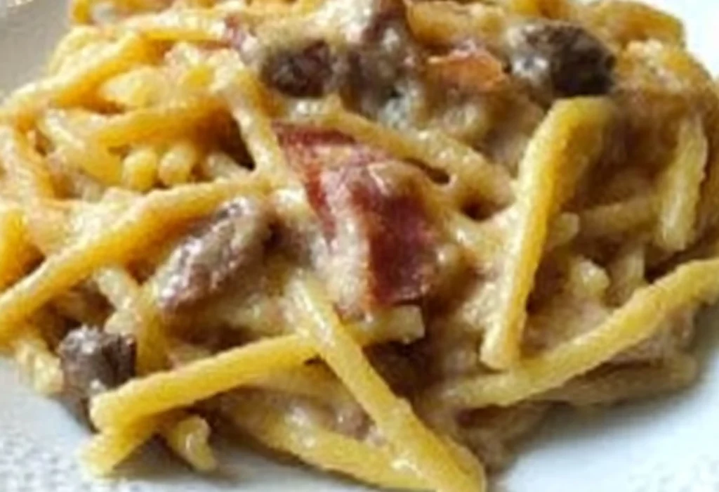 trofie allo zafferano con funghi, provola e pancetta